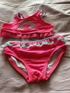 New Girls' Pink Ruffle Two-Piece Swim Set with Rainbow Accent
